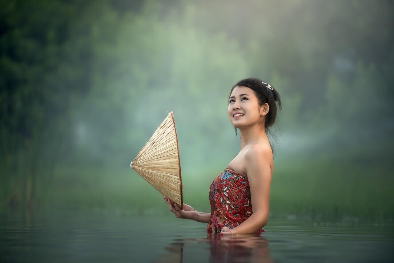 Femme, Lac, Asiatique, Portrait